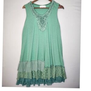 Pretty Angel Tiered Ruffle Hem Green Mini‎ Dress Large Pullover Silk Blend